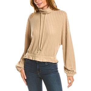 CHASER Tan Ribbed Knit Mock Neck Poet Sleeve Sweater Top SMALL Cozy NWT Fall
